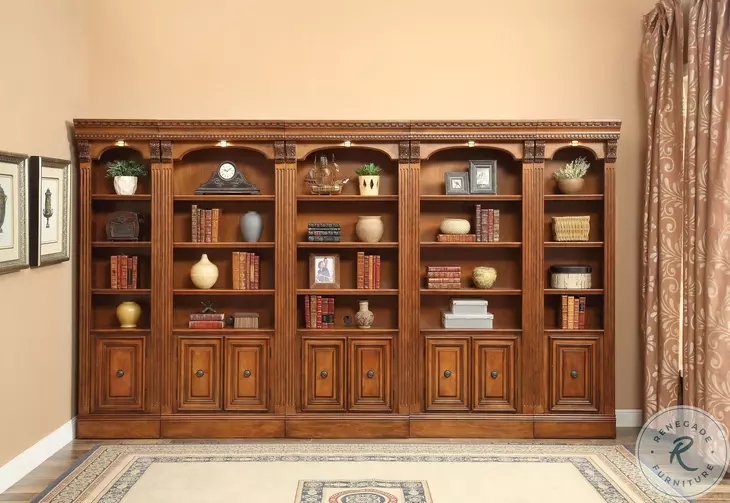 Vintage-Style Five-Piece Library Wall Unit with Lighted Arched Shelving