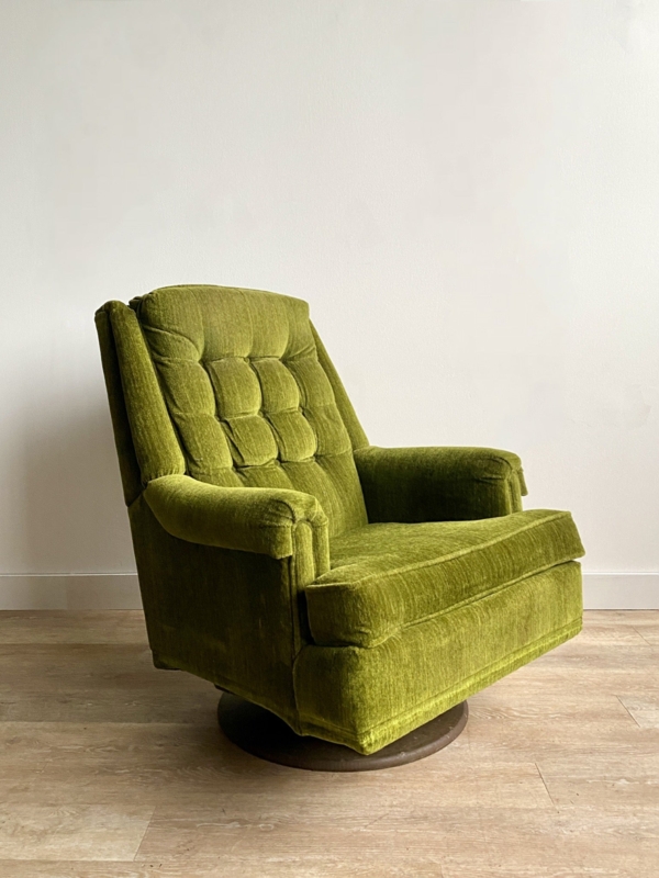 Vintage Swivel Recliner Moss Green Ribbed Texture Tufted Back