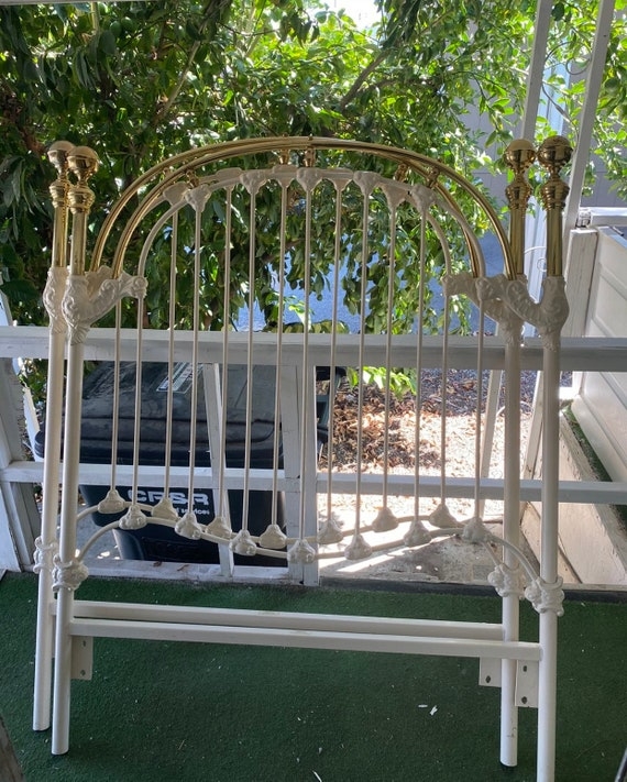 Vintage Twin Headboard Pair White Enameled Iron Brass Arch
