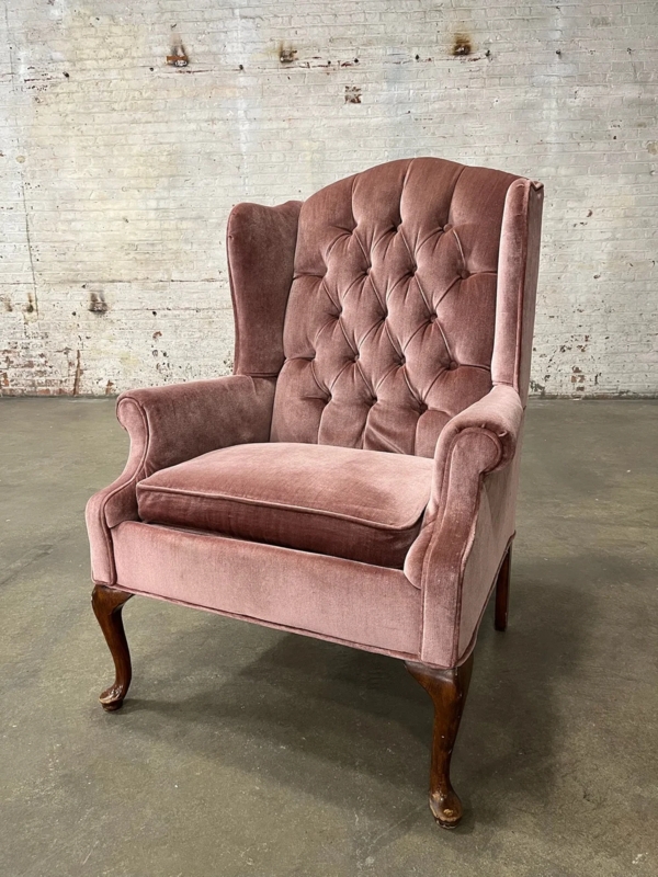 Vintage Wingback Chair Dusty Pink Velvet Diamond Tufted Cabriole Legs