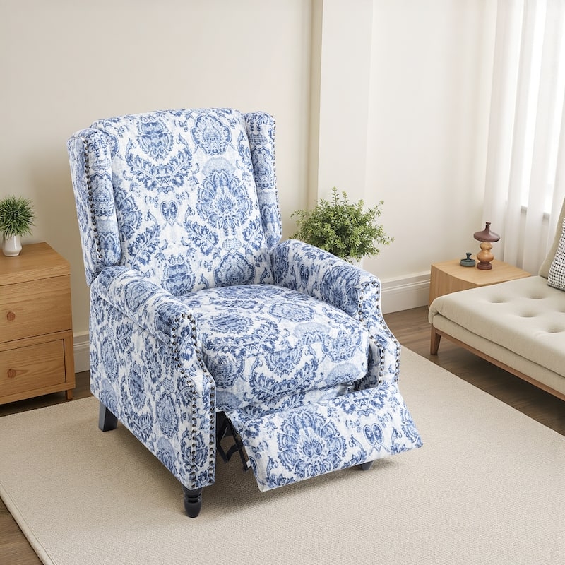 Vintage Wingback Manual Recliner Blue Floral Recliner Chair Push Back