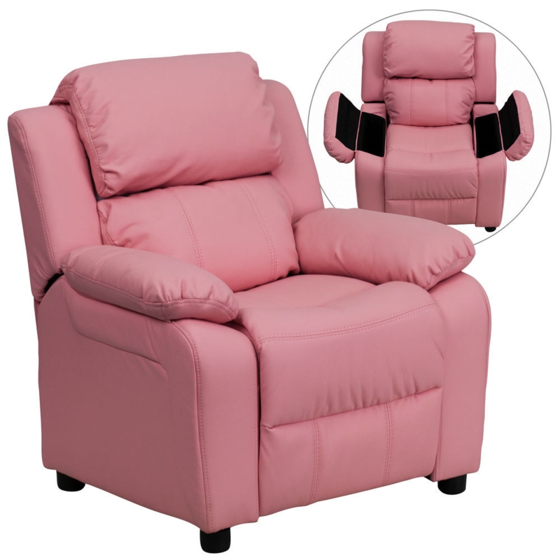 Vinyl Kids Recliner with Flip-Top Storage Arms, Pink Padded