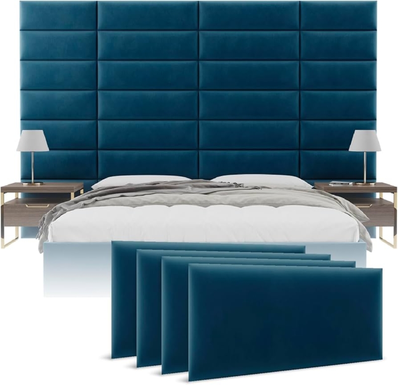 - Vnt Upholstered Wall Panels - Queen/Full Size Wall Mounted  Velvet Headboards - Velvet Peacock Blue - Set of 4 Panels (Each Individual  Panel 30"x11.5")