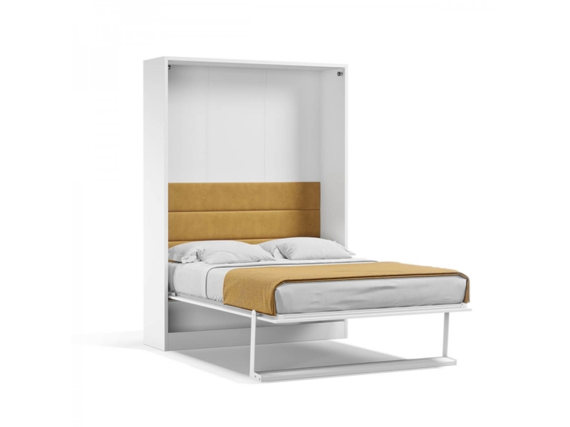 Wall Bed, White Cabinetry, Mustard Channel Tufted Headboard.