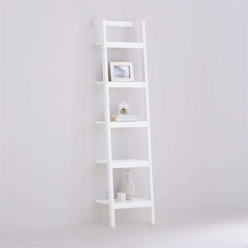 Wall Leaning Bookcase with Five Matte White Shelves