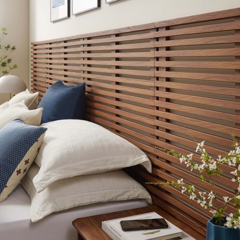 Wall Mount King Headboard with Horizontal Wood Slat Design