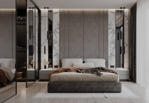 Wall Mounted Headboard Floor To Ceiling Panels Grey Marble Accents
