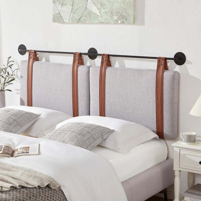 Wall Mounted Headboard Twin Grey Panels Hanging Leather Strap Design