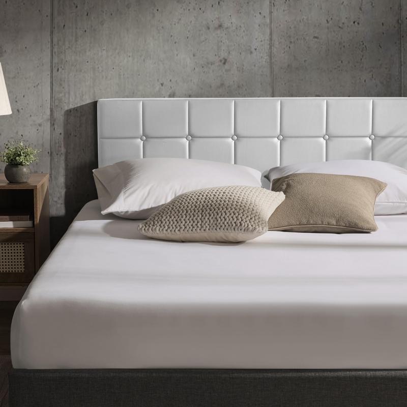 Wall Mounted White Headboard with Button Tufted Grid Pattern