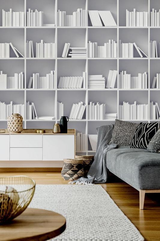 Wall Mural, Trompe L'oeil Bookshelf Print White Library Decor