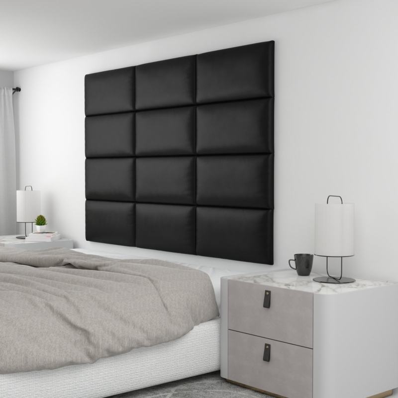 Wall Panels Modular 12 Piece Kit Matte Black Headboard Grid Pattern