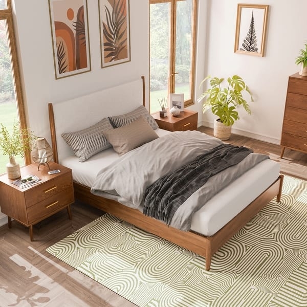 Walnut Bed with Boucle Headboard and Tapered Legs Set