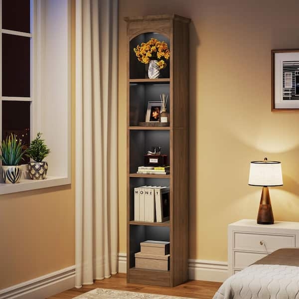 Walnut Bookcase Arched Top 5 Shelf Integrated LED Lighting