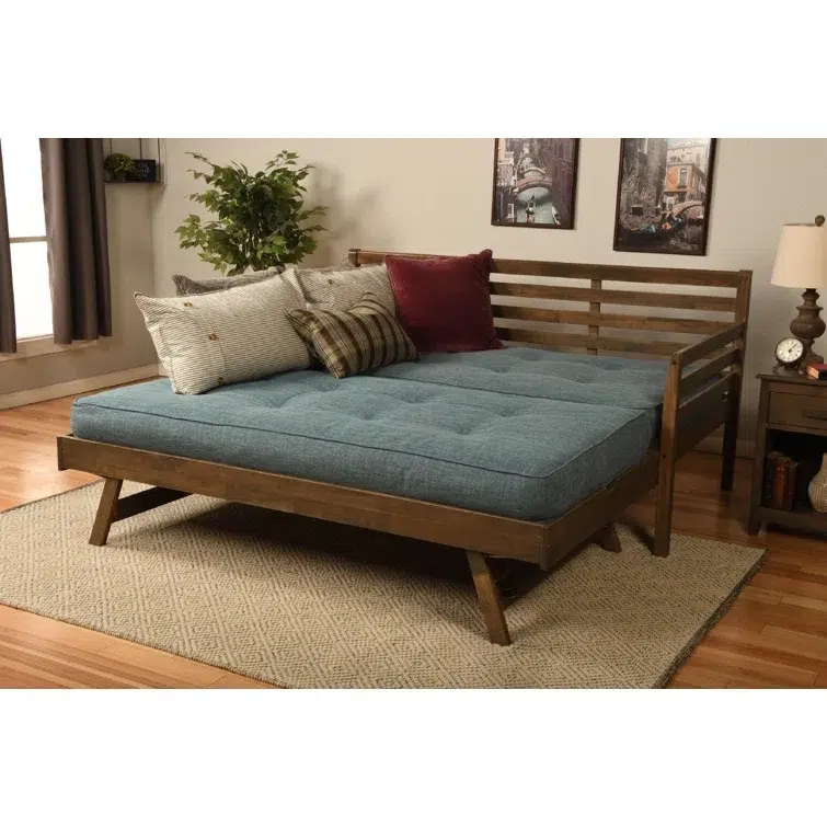 Walnut Brown Wood Daybed Slatted Frame Blue Linen Mattress Trundle