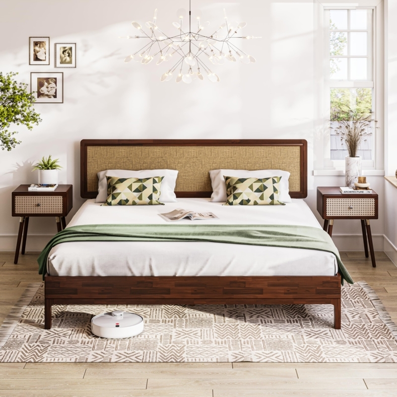 Walnut Finish Platform Bed with Woven Wicker Headboard