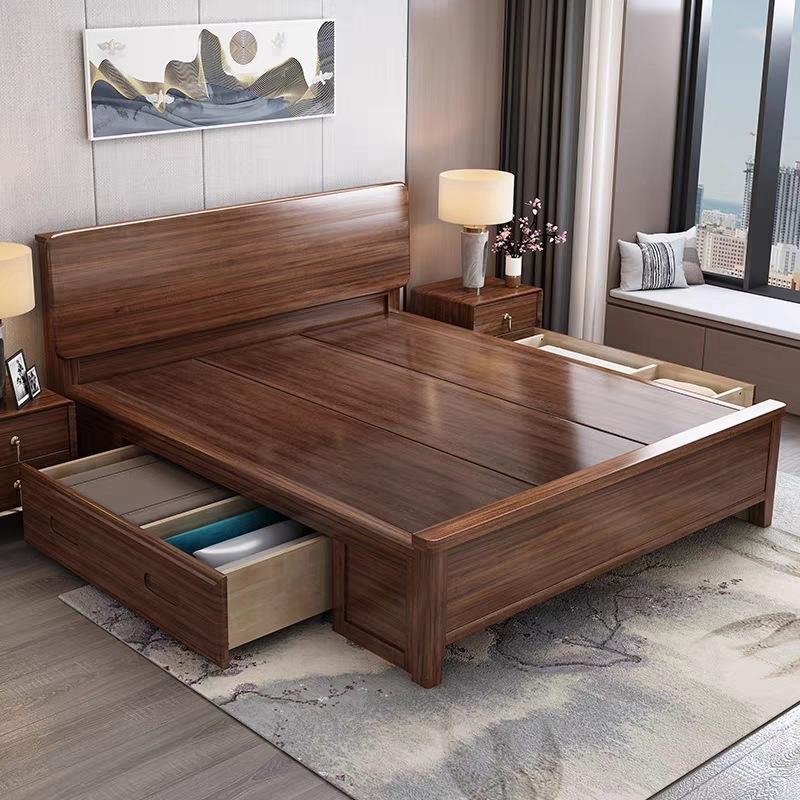 Walnut Finish Storage Bed with Seamless Headboard and Underbed Drawers.
