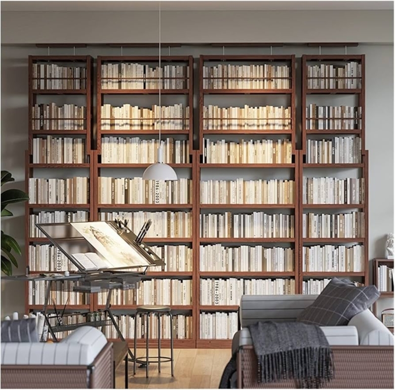 Walnut Floor To Ceiling Bookcase Partition with Drafting Desk Integration