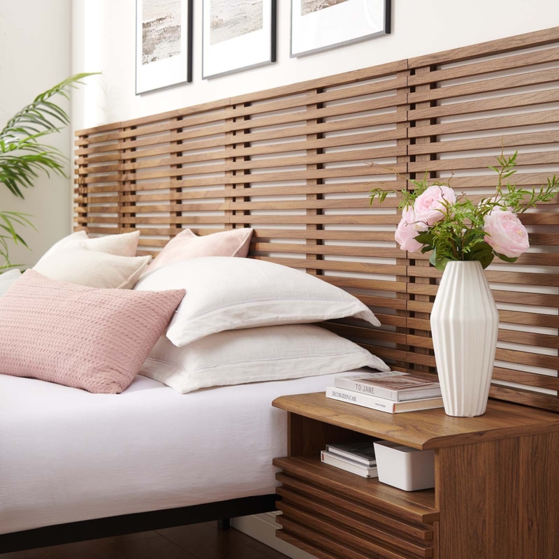 Walnut Headboard with Integrated Nightstands Slatted Wood Design