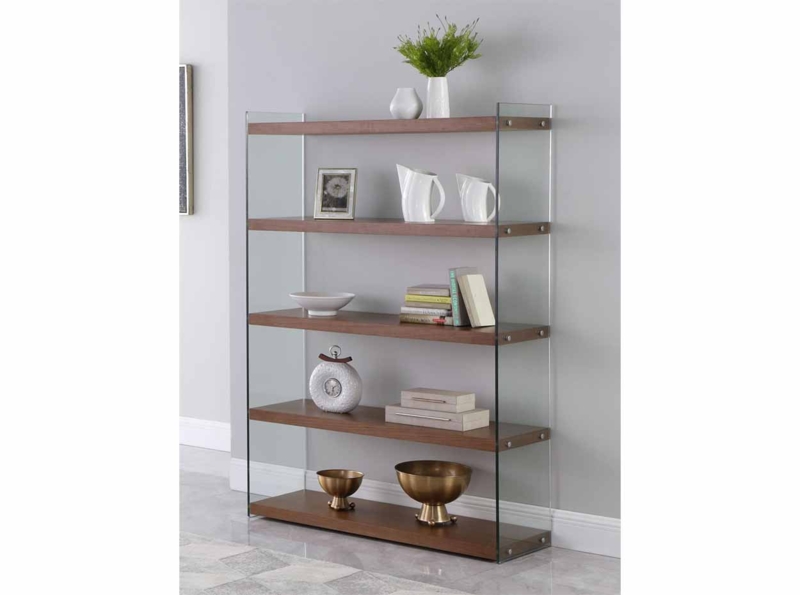 Walnut Open Shelving Unit with Floating Glass Side Supports