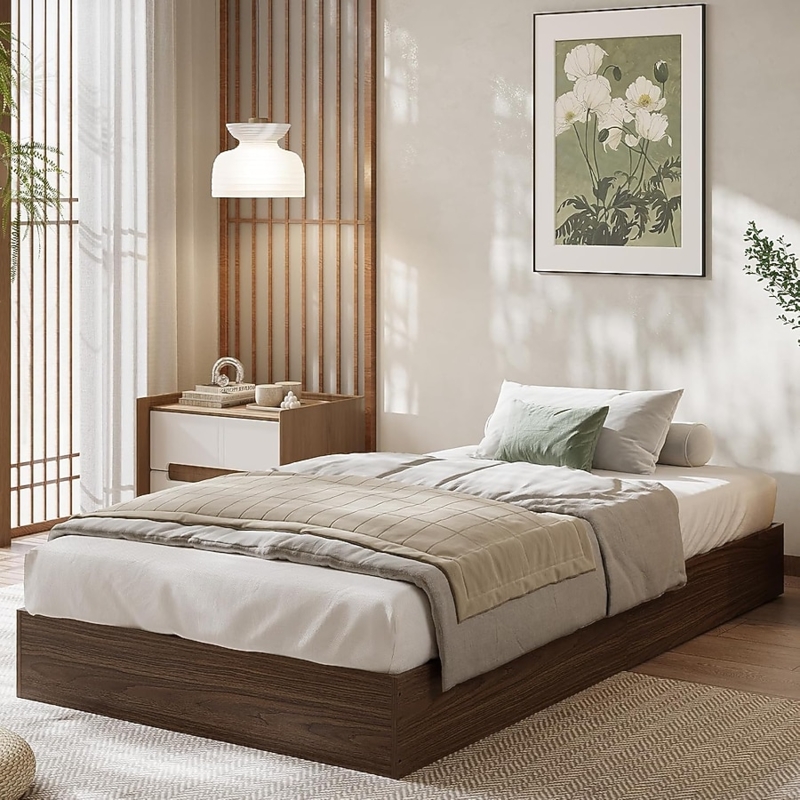 Walnut Platform Bed Frame Low Profile Headboardless Design