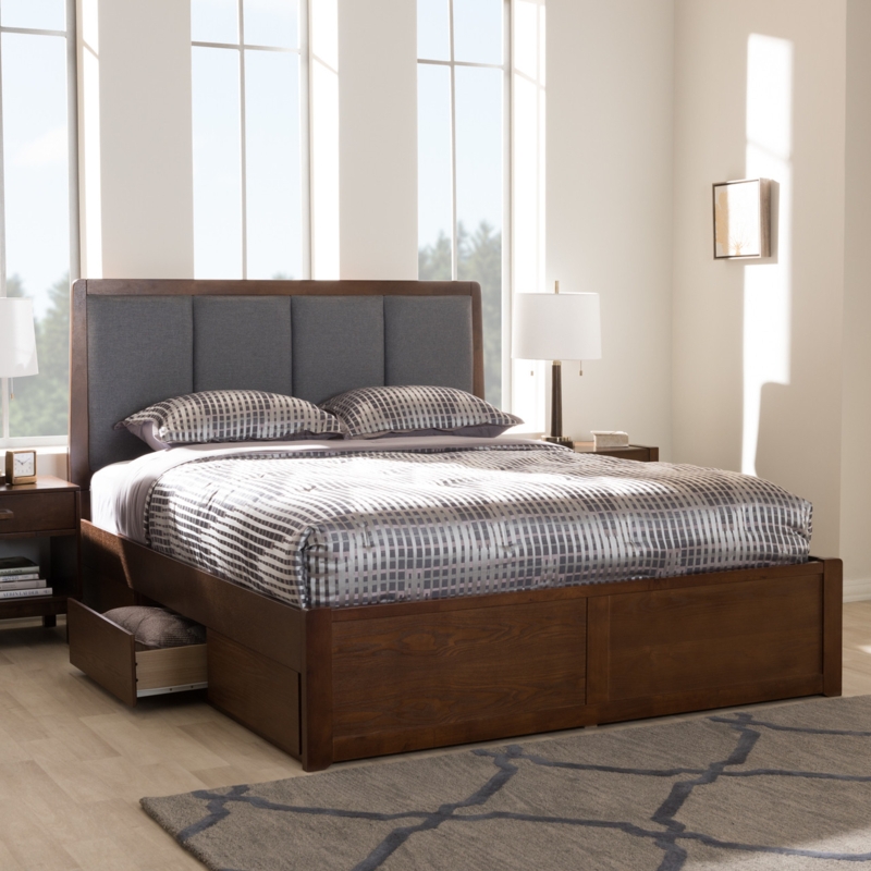 Walnut Storage Platform Bed with Grey Upholstered Panel Headboard