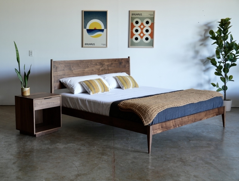 Walnut Tone Platform Bed with Solid Wood Headboard and Tapered Legs