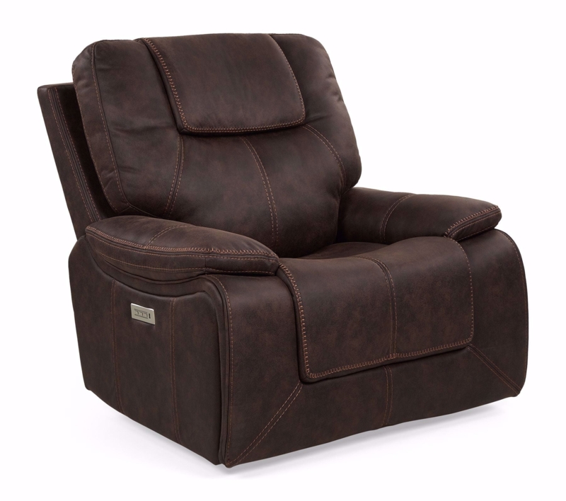 Walnut Tone Power Recliner With Decorative Topstitching