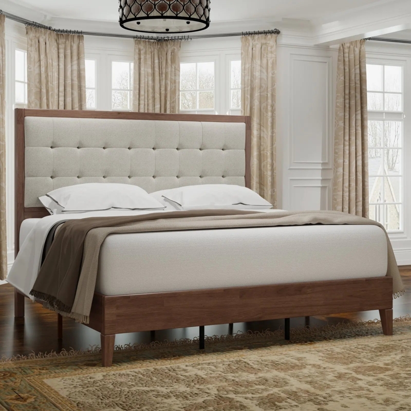 Walnut Wood Bed Frame Mid Century Tufted Beige