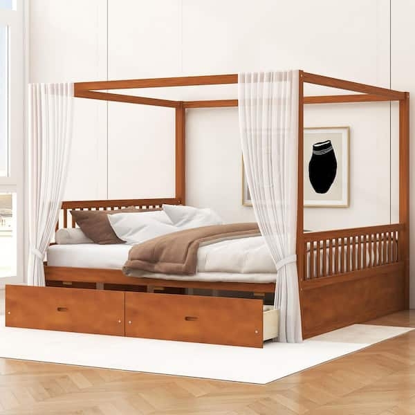 Walnut Wood Canopy Bed with Underbed Storage and Sheer Curtains