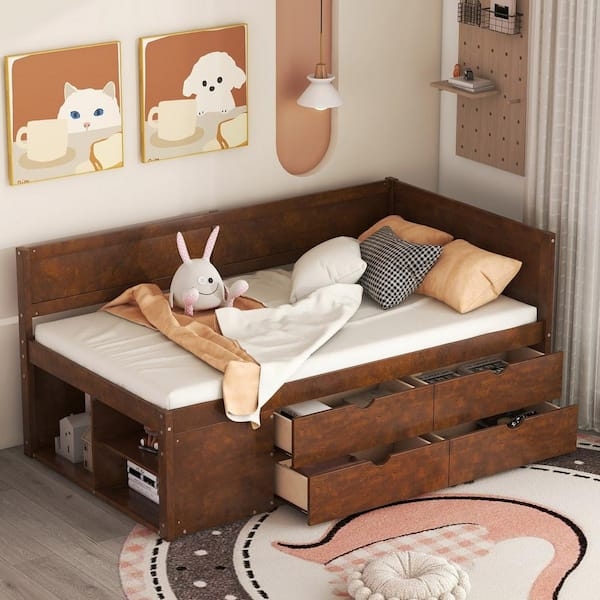 Walnut Wood Daybed with Side Shelving and Four Drawers
