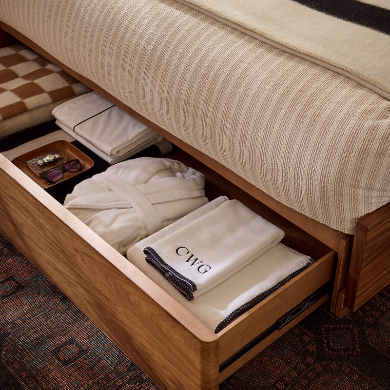 Walnut Wood Storage Bed Integrated Drawer Modern Minimalist
