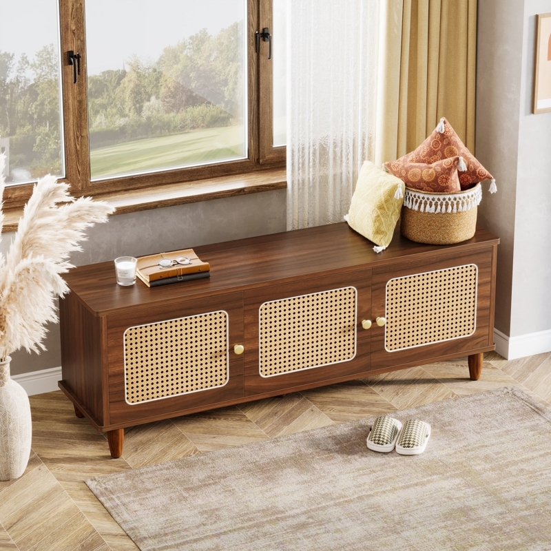 Walnut Wood Tone Storage Bench with Three Cane Door Panels