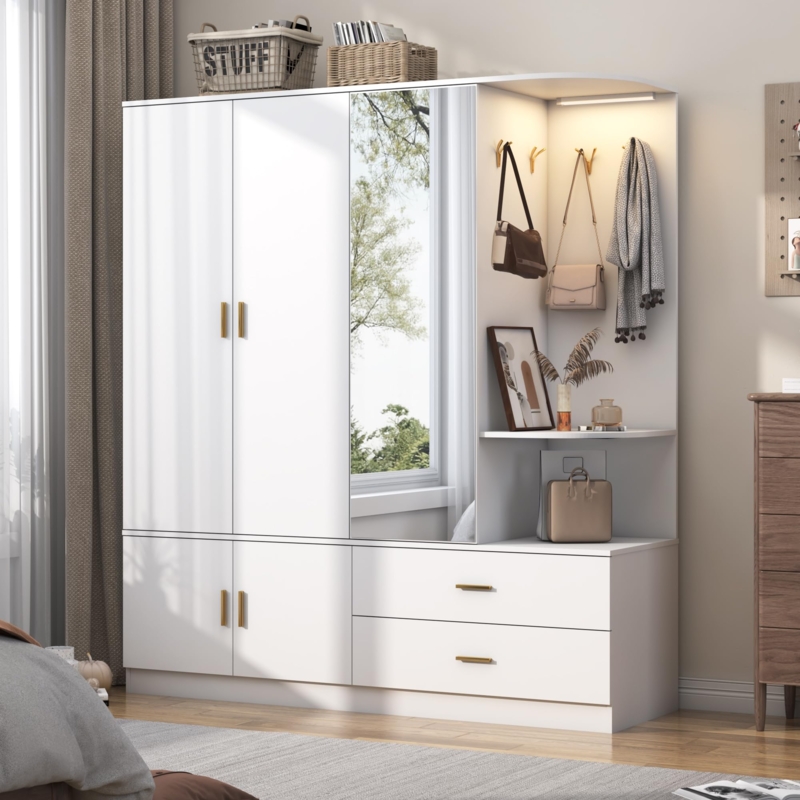 Wardrobe Armoire with Sensor Light and Integrated Open Vanity Nook