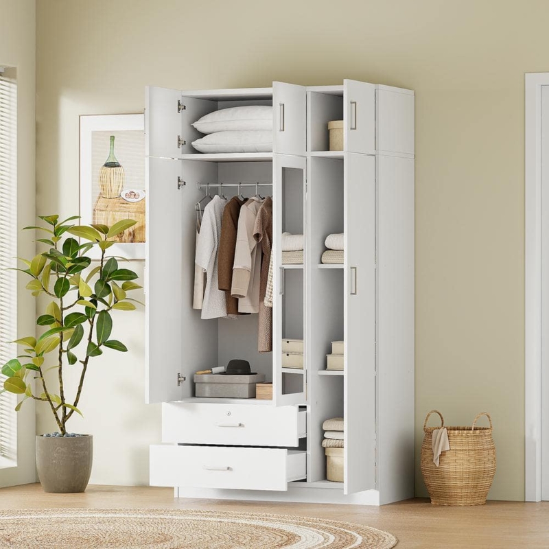 Wardrobe Armoire with Top Cabinets and Internal Mirror Panel