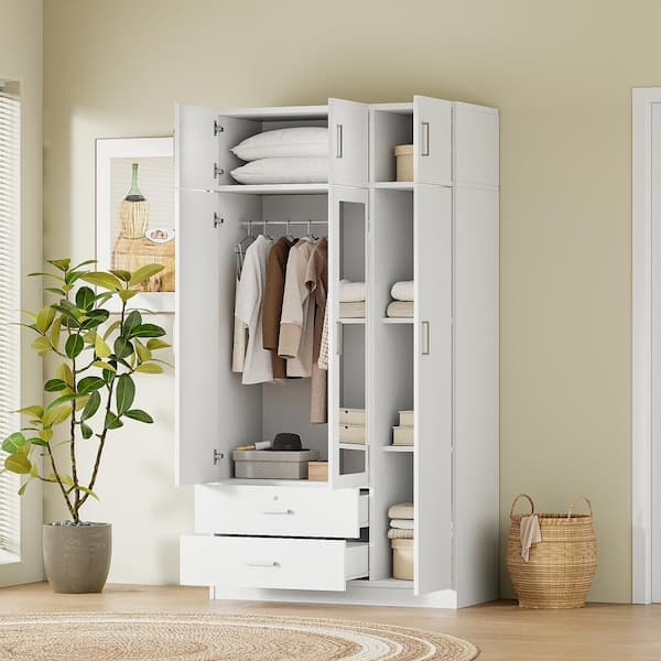 Wardrobe Armoire with Top Storage Cabinet and Mirrored Door