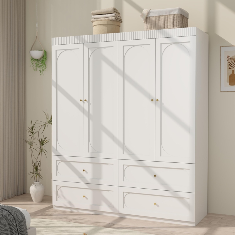 Wardrobe Closet featuring Arched Molding on Doors and Fluted Crown