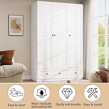 Wardrobe Closet with Minimalist Triple Door Design and Bottom Drawers