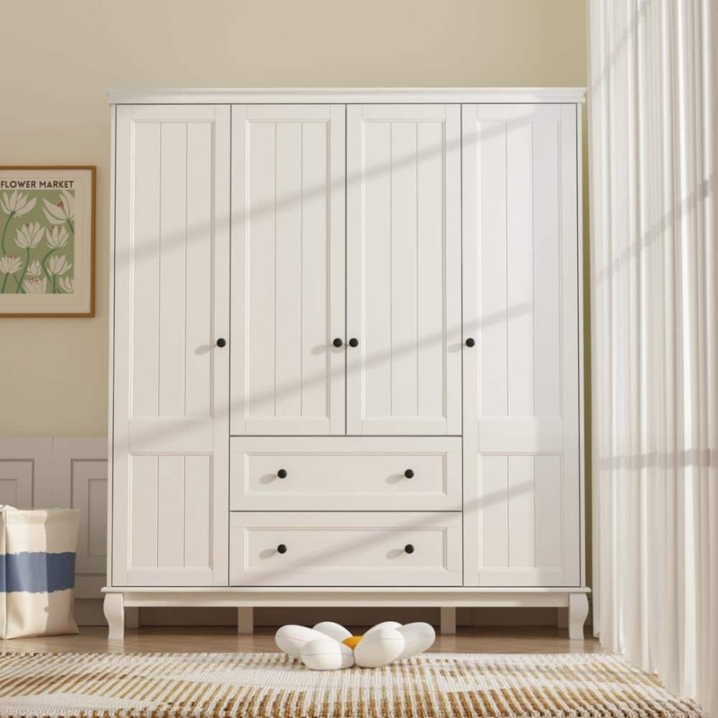 Wardrobe in Cottage Style with Vertical Paneling and Black Knobs