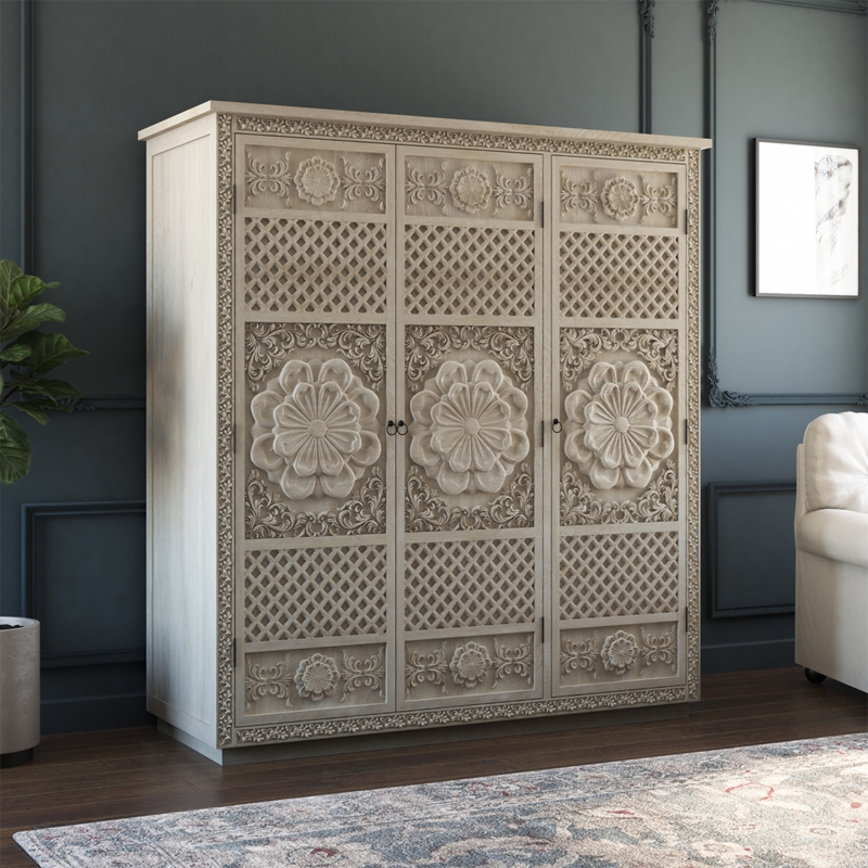 Wardrobe with Lattice Door Panels, Floral Carvings and Whitewashed Finish