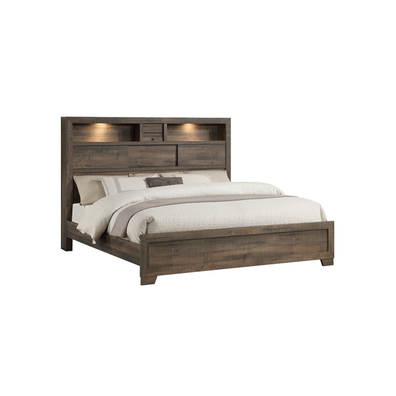 Warm Brown Bookcase Bed with Integrated LED Lights