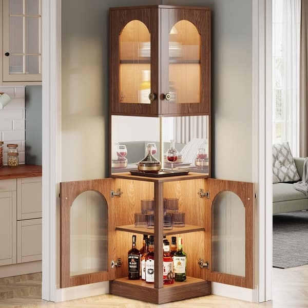 Warm Wood Corner Bar Cabinet featuring Arched Glass Doors and Mirrored Back