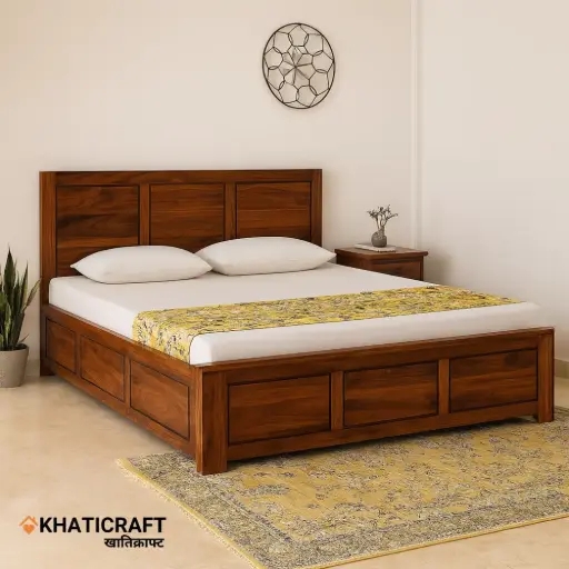 Warm Wood Storage Bed with Paneled Headboard and Integrated Drawers.