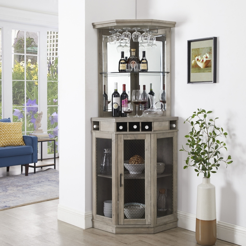 Weathered Gray Corner Bar Cabinet with Mirrored Upper Section