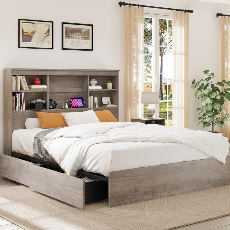 Weathered Grey Storage Bed with Bookcase Headboard & Charging