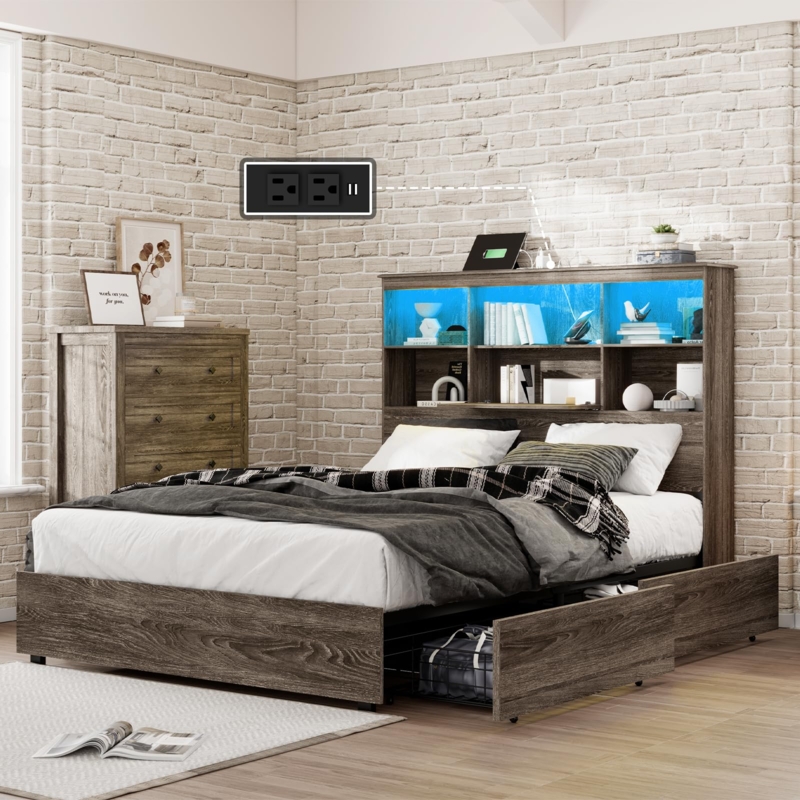 Weathered Grey Storage Bed with LED Headboard & Charging Station
