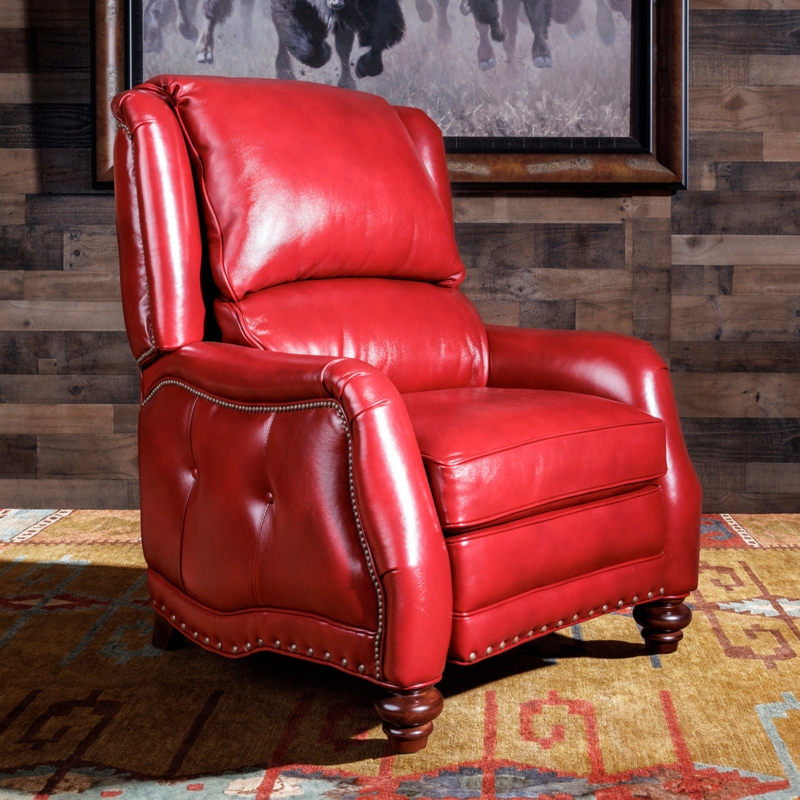 Western Recliner with Brass Nailhead Trim in Red Leather-Like Finish