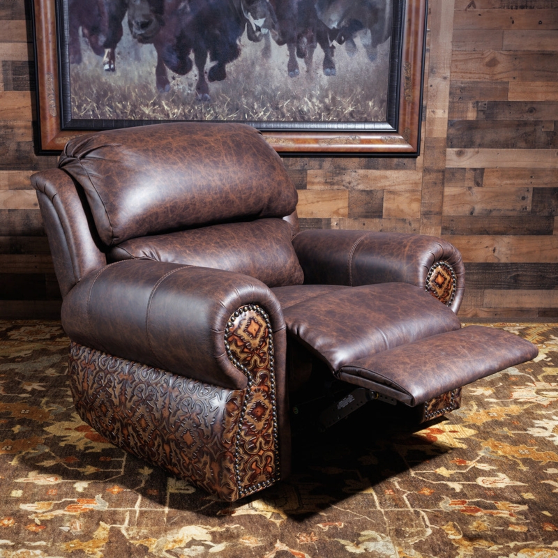 Western Recliner with Tooled Leather Arms and Rustic Scrolled Embossing