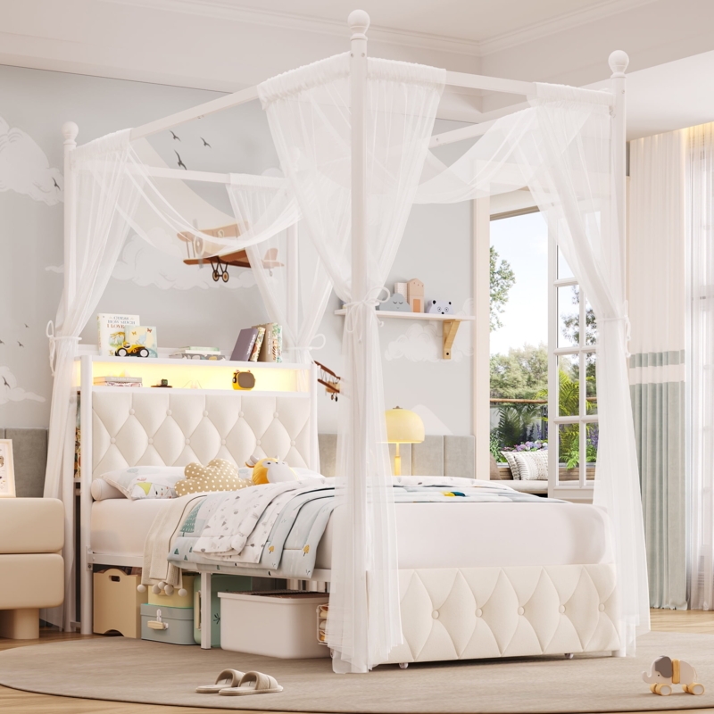 Whimsical White Canopy Bed with Tufted Headboard Shelving