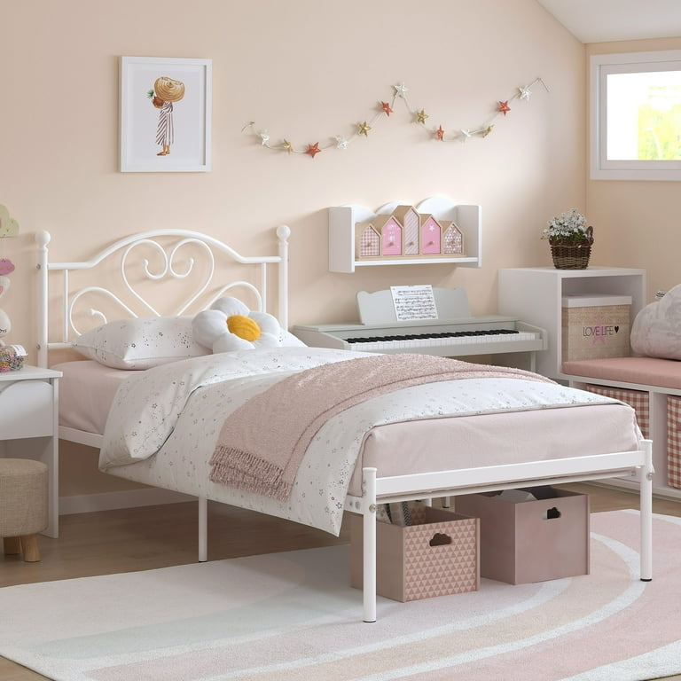 Whimsical White Metal Bed Frame Heart Scrollwork Headboard