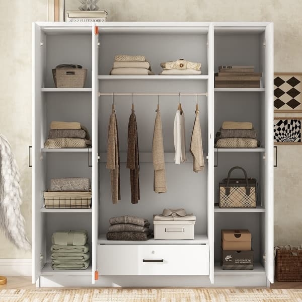 White 4-Door Wardrobe Closet with Central Integrated Drawer